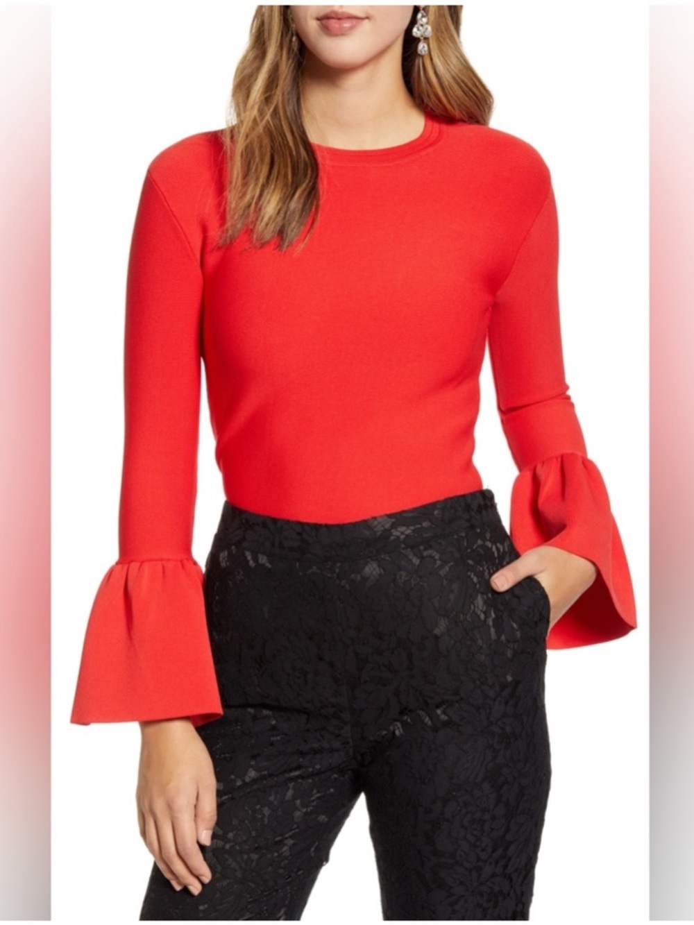 New Rachel Parcell Red Top Bell Sleeve Crew Neck Textured Size XS